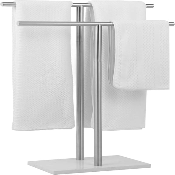 Free Standing Towel Rack for Bathroom - Brushed Nickel Finish - Stand Alone 2 Tier Stainless Steel Towel Rack for Bathroom Floor with Heavy Marble Base, Double T Shape Drying Stand for Towels