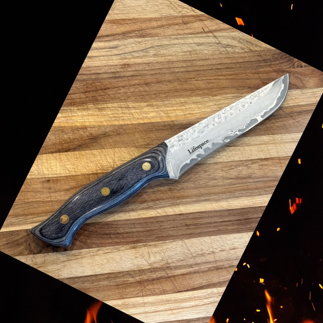 Lifespace Damascus Steel 5 Inch Utility Knife with Grey Wood Handle and Sheath