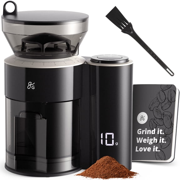 Greater Goods Burr Coffee Grinder, 8 Precise Grind Settings, 3-10 Cup, Espresso, Cupping, AeroPress, V60, Chemex, French Press, Toddy, Adjustable Settings & Built-in Scale (Onyx Black)
