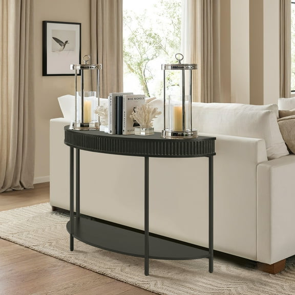 unipaws Fluted Half Moon Console Table, Modern 2-Tier Black Entryway Console with Storage, Sofa Back Table for Living Room (47" Width)