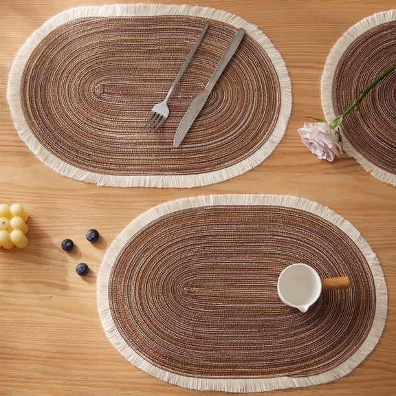 Set of 4 Oval Placemats Heat-resistant Table Mats Washable Non-slip Dining Table Mats (Brown, 4)
