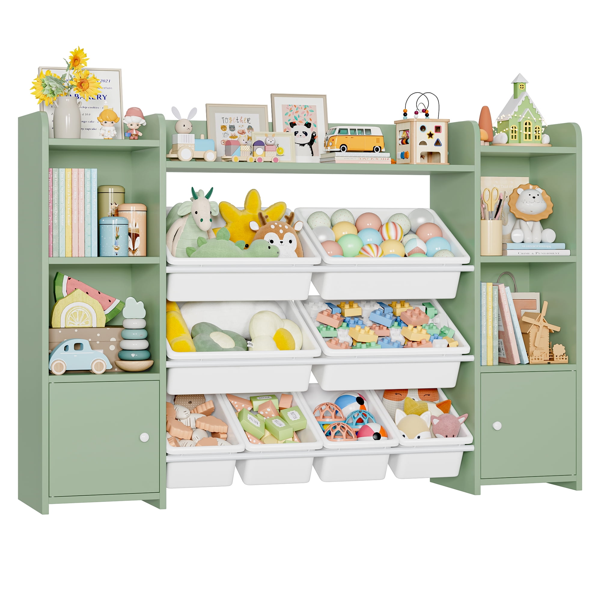 Homfa Kids Toy Organization Cube Bookcase with 8 Bin, 2 Door Toy Storage Organizer Bookshelf for Children Room Playroom, Green