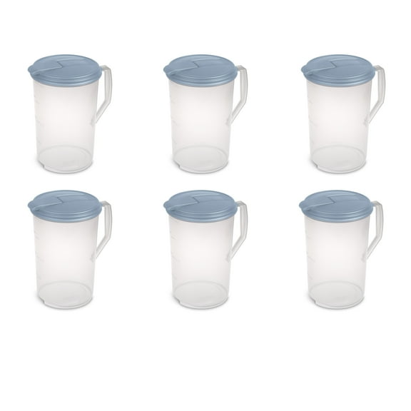 Sterilite 1 Gal. Round Pitcher, Clear Plastic, Flip-top Spout, Light Blue, 6 Count