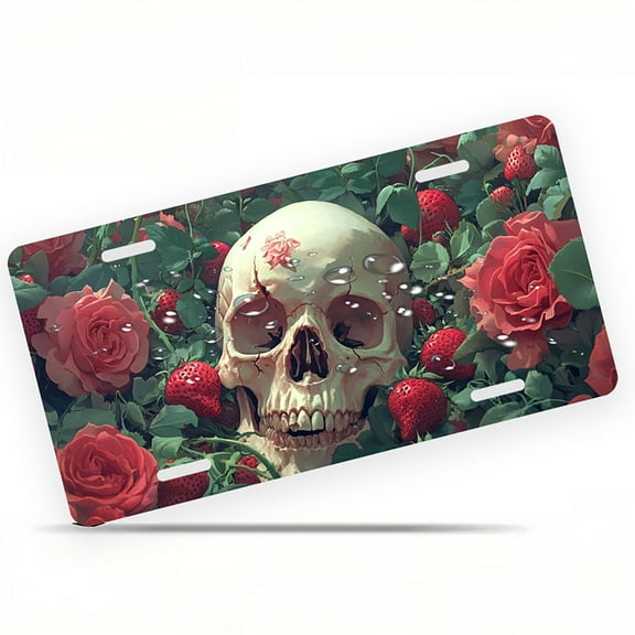 Skull with Roses and Strawberries Front License Plate, Metal License Plate, Funny Standard Plates Personalized Novelty Decorative For Men/Women/Boys/Girls Car 6×12 Inch