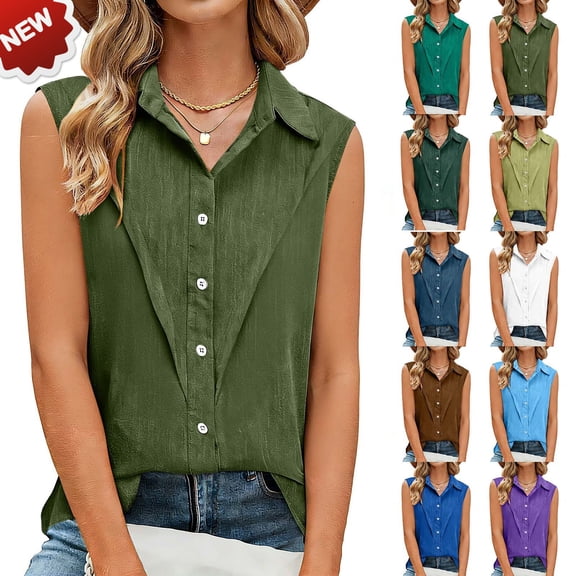Taqqpue Women's Sleeveless Button Down Shirts Blouses Casual Loose V Neck Tank Tops Casual Solid Color Linen T Shirts for Work