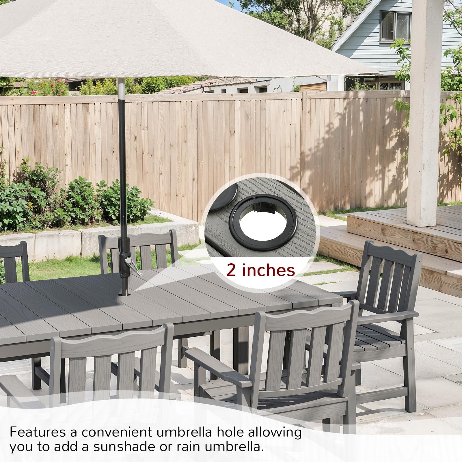 STOOG Patio Dining Table for 6 Person with Umbrella Hole, 63" All-Weather Outdoor Dining Table for Garden, Backyard, Poolside, Gray