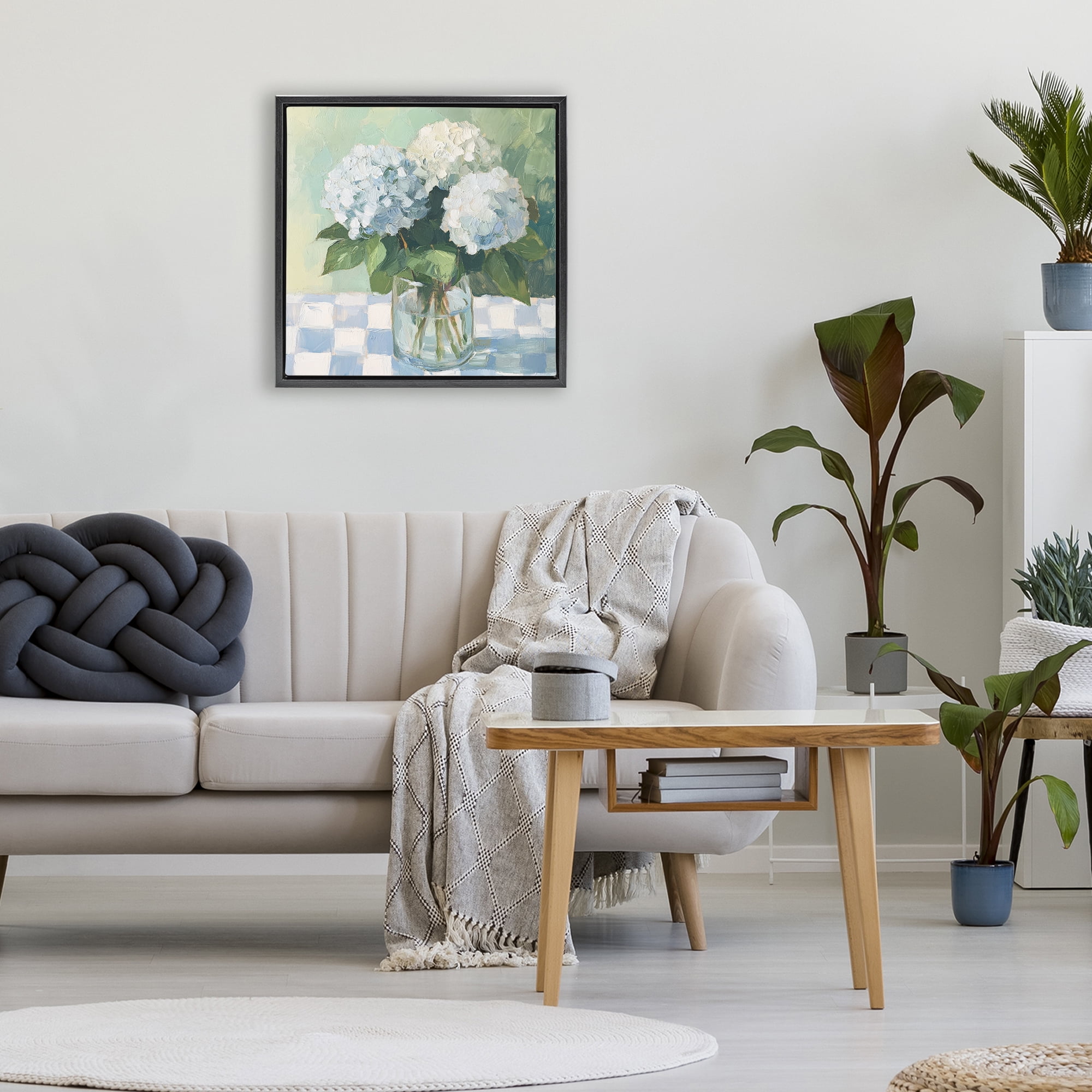 Stupell Industries Hydrangea Picnic on Checkered Black Framed Floater Canvas Wall Art, design by Petal Prints Design