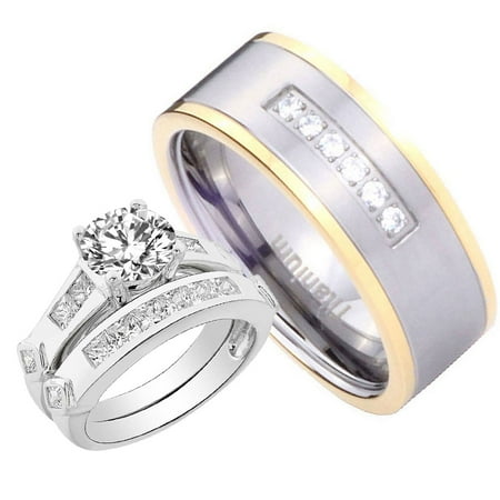 Bride Groom 3ct Sterling Silver Cubic Zirconia Gold Plated 2 Tone