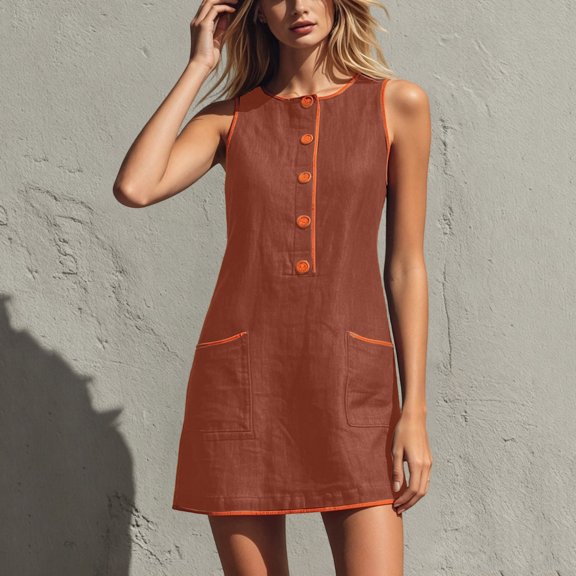 Wovilon Women's Round Neck Sleeveless A-Line Mini Dress, Button Front Contrast Trim Pocket Shift Top, Relaxed Lightweight Breathable Cotton Linen Blend Solid