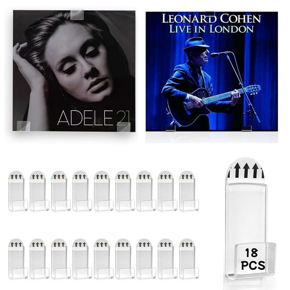 MODANU 18Pcs Vinyl Record Wall Mount Clear Acrylic Vinyl Wall Display Holder Vinyl Record Holder No Drill Adhesive Vinyl Display Shelf Hangers for Album Covers Display Home Wall Decoration