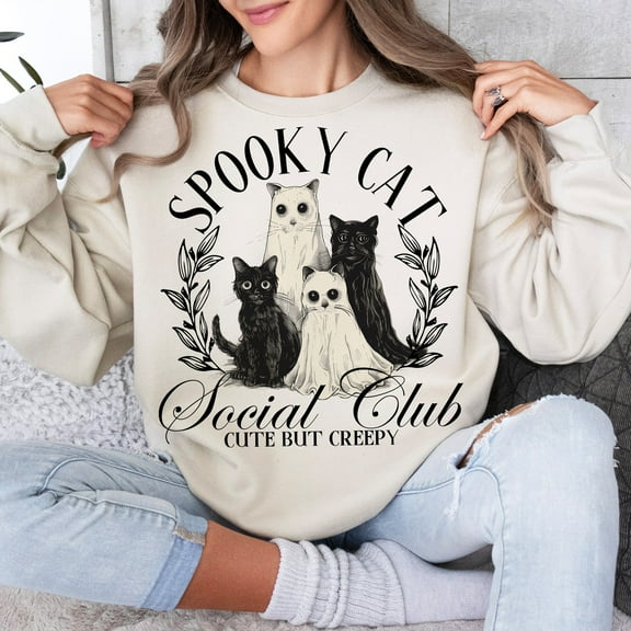 Spooky Cat Social Club Sweatshirt, Retro Halloween Pullover, Gothic Black Cat Sweatshirt, Trending Cat Mom Halloween Outfit