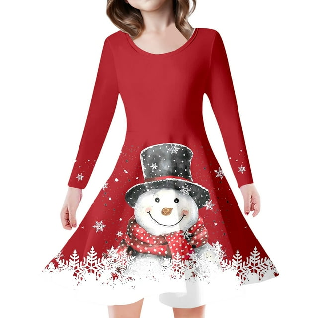 PMVFHDE Robes Filles Enfants Tout-Petits Filles Sapins de Noël Imprimé Cerf Manches Longues Robe de Fête pour Rouge,10-13 Ans