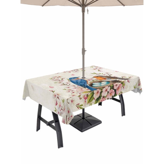 Outdoor Tablecloth with Umbrella Hole for Patio/Picnic/Party/Camping, Birds Floral Waterproof Table Cloth Rectangle Table Cover Washable, Farmhouse Vintage Pink Flower Leaf (52"x 70")