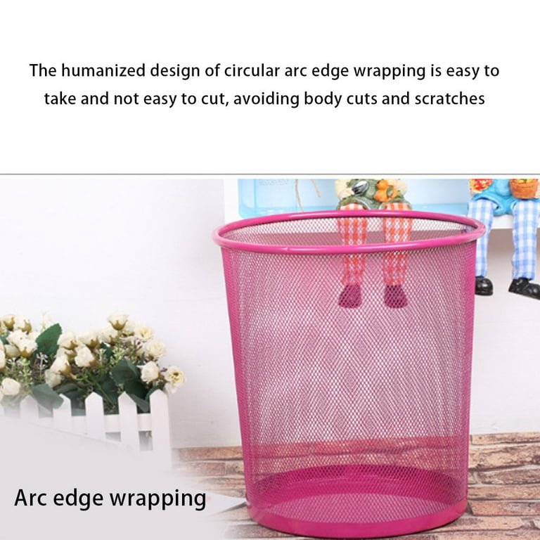 TureClos Metal Wire Mesh Trash Can Large Capacity Paper Basket Round Shape  Dustbin Office Storage Garbage Bin Living Room Rose Red 