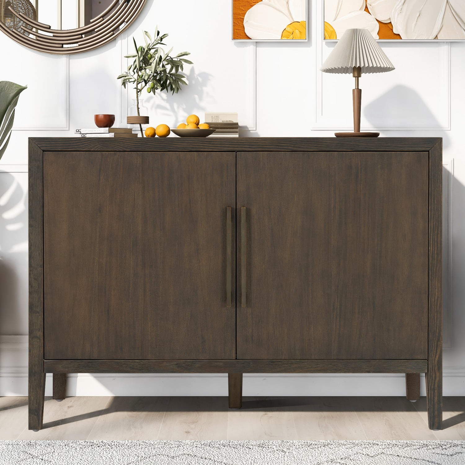 47.25" Farmhouse Sideboard Buffet Cabinet with Storage, 2 Door Wooden Coffee Bar Cabinet with Pine Veneer and Metal Handles for Kitchen, Living Room, Entryway, Dark Brown