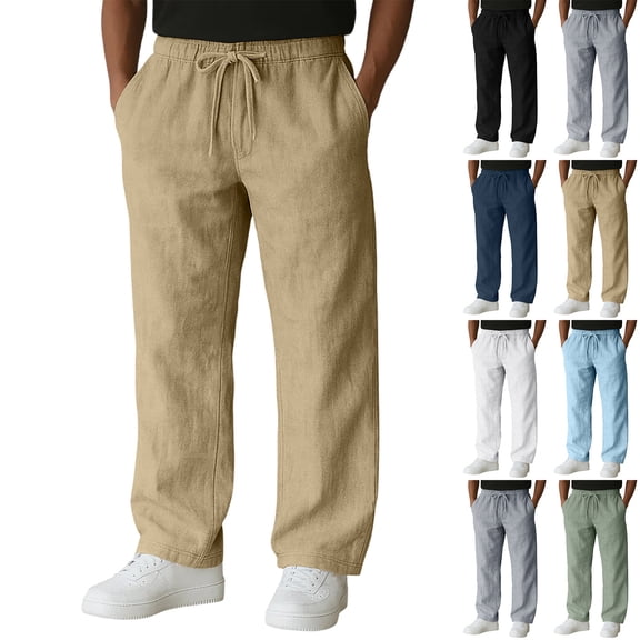 Men's Relaxed-Fit Drawstring Straight-Leg Pants, Solid Color Casual Trousers for Travel, Daily Wear and Spring Summer,Black,L