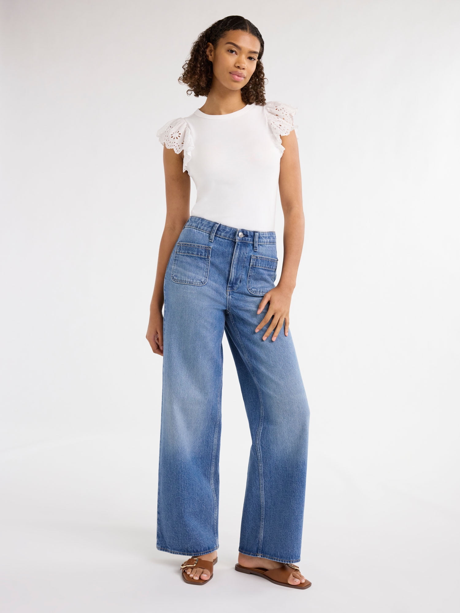 Free Assembly Women's and Women's Plus Wide Leg Jeans with Patch Pockets, 30", 32", and 34" Inseams, Sizes 0-26W