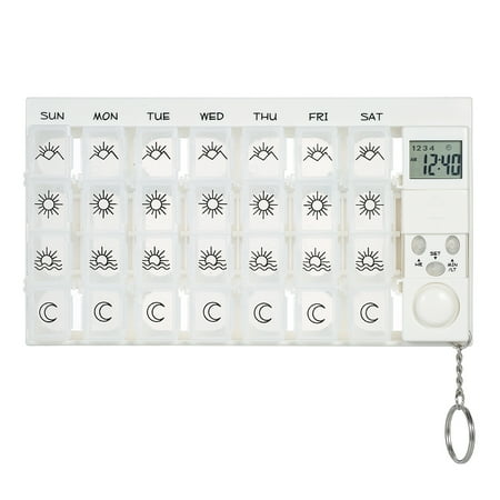 Pill Reminder Alarm - Carevas 7-Day Pill Box Organizer with Timer LED Light Detachable Medicine Reminder Pill Dispenser Planner 28 Compartment Beeping Alarm Clock
