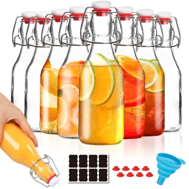 Juego de 8 Botella (250ml/8oz) de Vidrio Transparente con Tapón Abatible y Botellas de Vidrio para Elaboración Casera, Cerveza, Kombucha, Kefir, Extracto de Vainilla