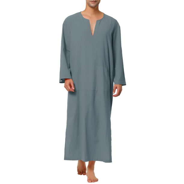 INSPIRAR CHIC Pijamas para Hombre de Algodón Ropa de Dormir con Cuello en V y Abertura Lateral, Túnica Larga con Bolsillo XL Gris Oscuro