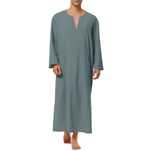 INSPIRAR CHIC Pijamas para Hombre de Algodón Ropa de Dormir con Cuello en V y Abertura Lateral, Túnica Larga con Bolsillo XL Gris Oscuro