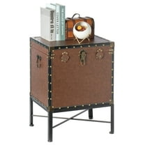 Faux Leather Trimmed Lockable Square Lined Storage Trunk, End Table on Metal Stand