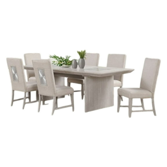 Diaz 7pc Dining Table Set, Extendable Leaf, 6 Fabric Chair, Gray Wood