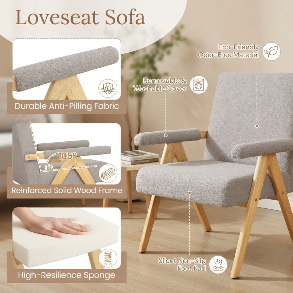 Hommoo Loveseat Sofa with Wooden Legs, Sherpa Fabric Upholstery, Compact 2-Seater for Small Spaces, Living Room, Dorm & Office, Gray