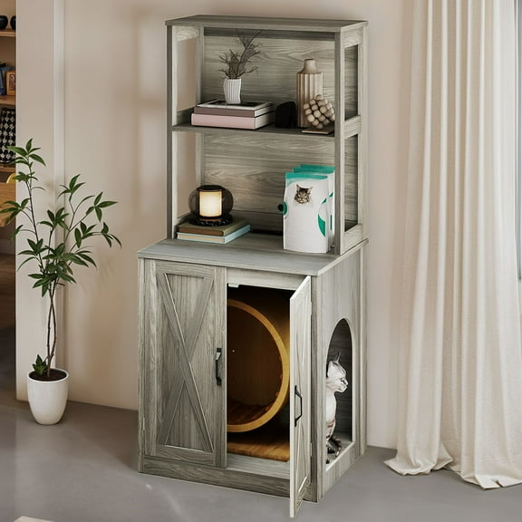 Uforic Large Hidden Litter Box Furniture with Charging Station, Wooden Cat Litter Enclosure for Self-Cleaning Boxes