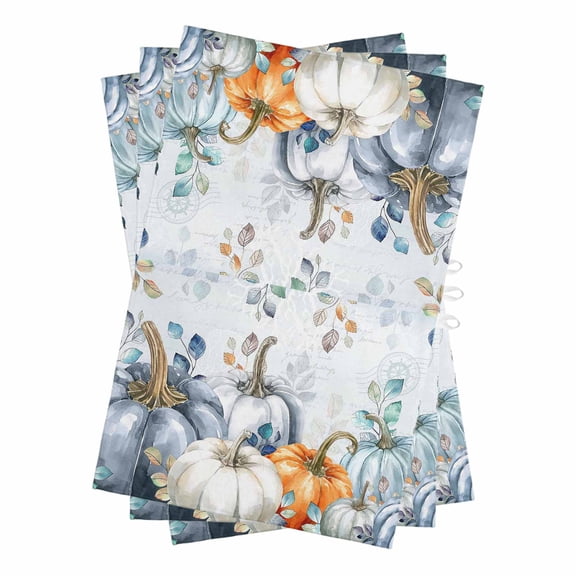 Thanksgiving Kitchen Towels Set of 3, Water Absorbent Dish Towel, Autumn Blue White Orange Pumpkin Eucalyptus Decorative Hand Towels - Quick Drying Cloth for Cooking Baking, 18x28 Inch