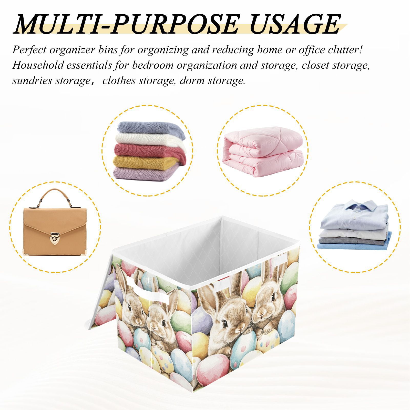Easter Eggs Bunnies Storage Basket for Shelves Foldable Container Organizer for Organizing Toys Clothes Books with Handles