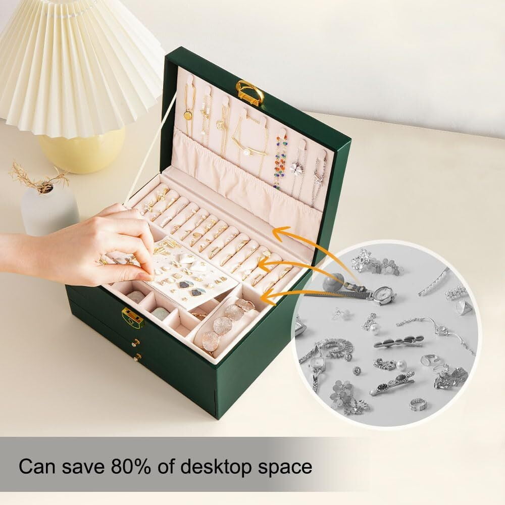 Womens Gifts for Christmas,Jewelry Box for Women,Large Jewelry Organizers and Storage,3 Layer Jewelry Box with Lock with Removable Tray for Necklaces Earrings Bracelets Rings Watches - Green