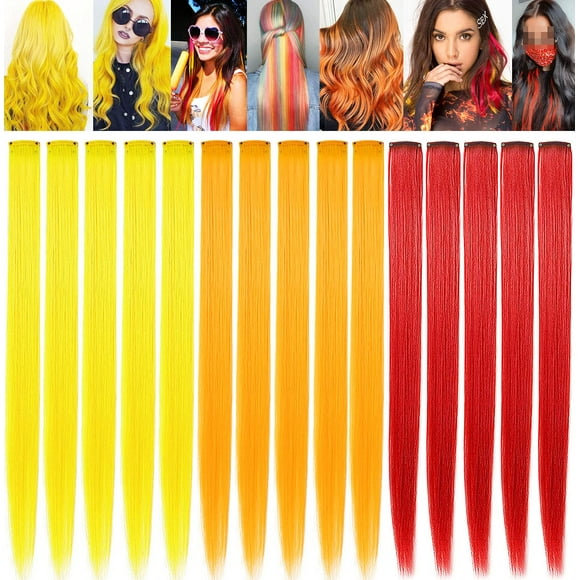 FAIRY COLOR 12PCS Colored Hair Extensions, Multi-colors Hairpieces Party Highlights Clip in Synthetic Hair Extensions 21 inch for Women and Girls (Yellow Red Orange)