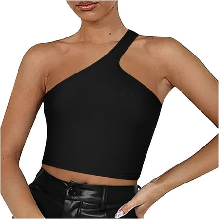 

YOTAMI Women s Sexy One Shoulder Sleeveless Cami Tops Solid Strappy Sloping Shoulders Suspenders Tops M Black