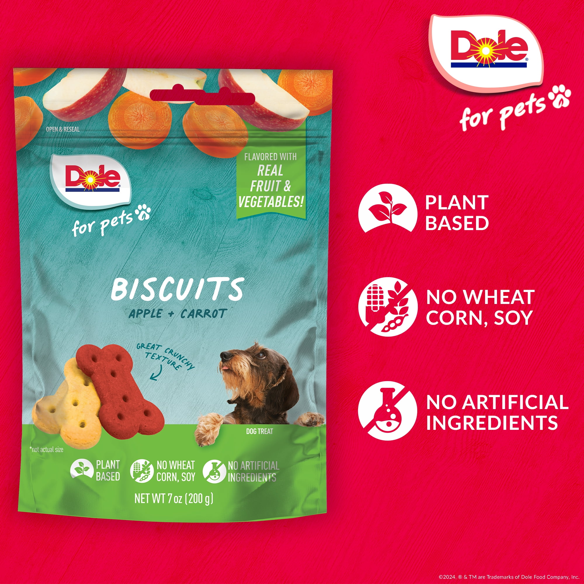 Dole Apple & Carrot Dog Biscuit Treats, Flavored with Real Fruit and Veggies, No Wheat, Corn, Soy, or Artificial Ingredients, Assorted Bag, 7oz