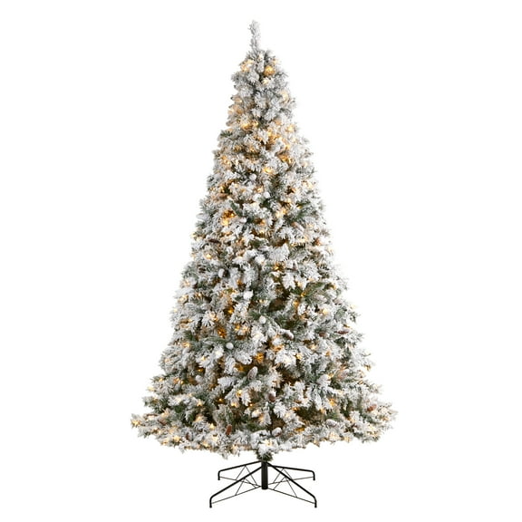 Nearly Natural River Mountain Clear Prelit LED Green Flocked Pine Christmas Tree, with Pinecones 9'
