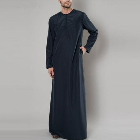 

ALSLIAO Mens Muslim Middle East Long Sleeve Loose Arab Thobe Solid Kaftan Robes Navy 2XL
