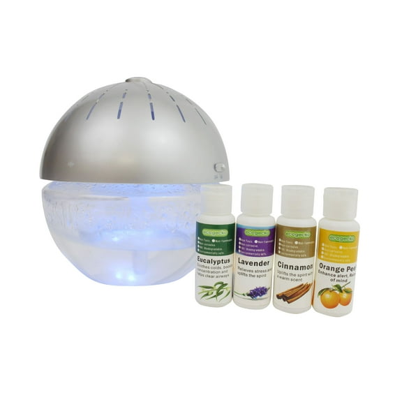 EcoGecko Earth Globe Air Revitalizer, Air Freshener, Room Aromatizer, Aromatherapy, Aroma and Essential Oil Diffuser + 4 Pack Aroma Oil Included, , Silver