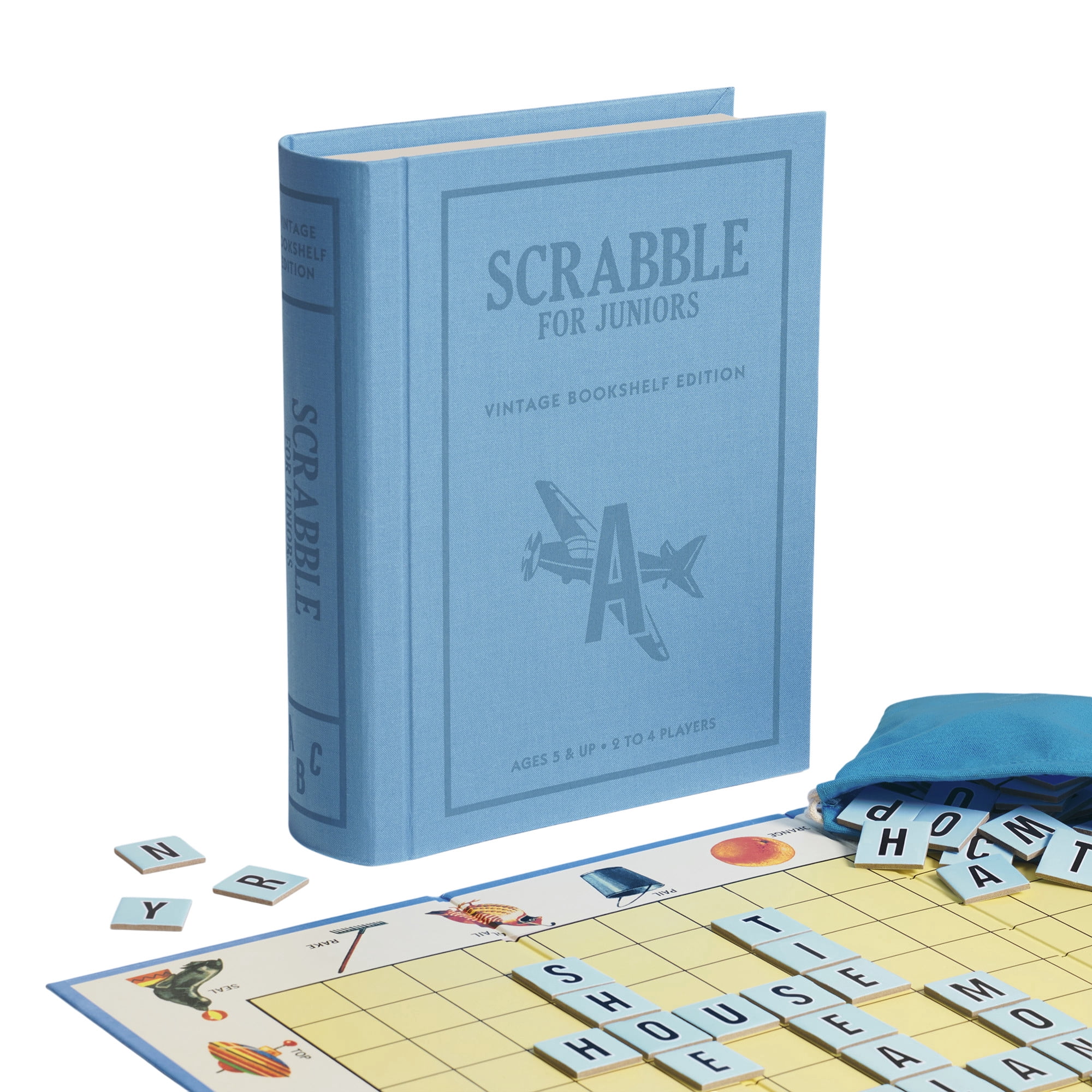 WS Game Company Scrabble Junior Vintage Bookshelf Edition – 2-Sided Board Grows with Your Child – Fabric Wrapped Book Storage Word Game for Ages 5 and Up