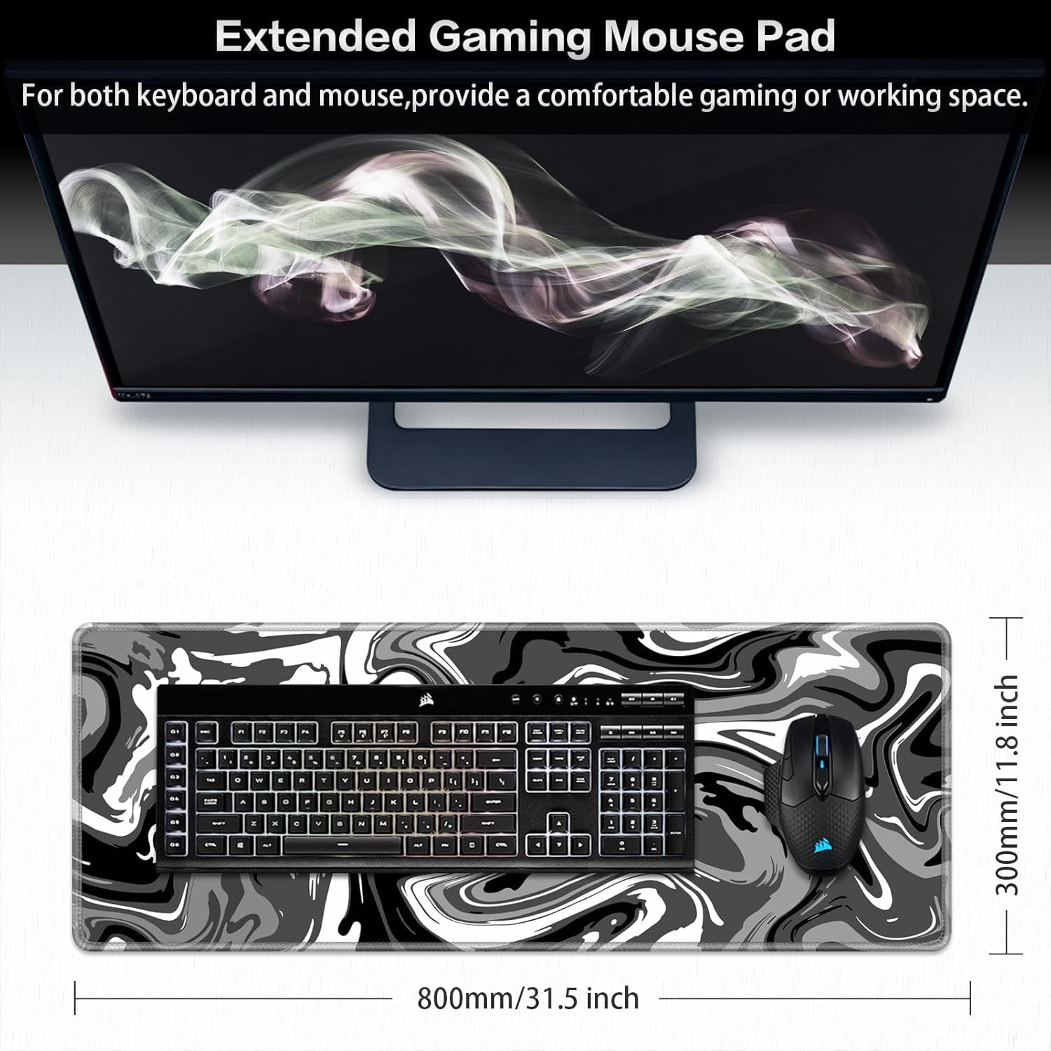 Fluid Pattern Gaming Mouse Pad - 31.5x11.8 Inch Large Extended Computer Mouse Mat, Full Desk Pad for Gaming, Office, Home, Non-Slip Rubber Base