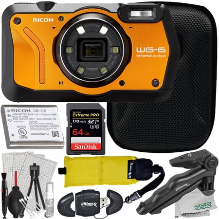 Ultimaxx Essential Bundle + Ricoh WG-6 Digital Camera (Orange) + SanDisk 64GB Extreme Pro SDXC, Floating Wrist Strap, 6.5” Tabletop Tripod & More (19pc Bundle)