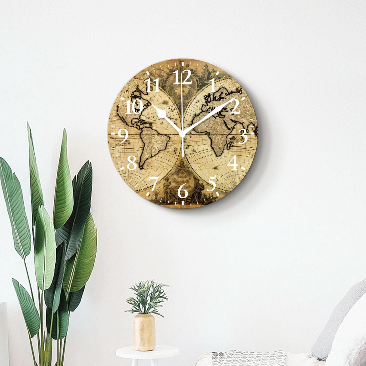 12 Inch Wall Clock Battery Operated Silent Clock Decorative for Office, Kitchen, Outdoor, Living Room，Retro World Map
