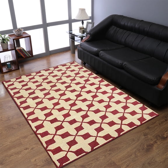 Rugsotic Carpets Hand Tufted Wool Eco-Friendly 4'x6' Area Rugs Rectangle Beige Red Geometric Modern High Pile Thick Handmade Anti Skid Indoor Rug for Living Room, Bedroom K00301
