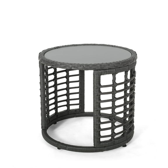 GDF Studio Achill Outdoor Modern Boho Wicker Side Table with Glass Top, Gray