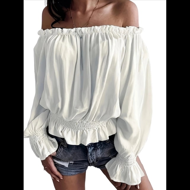 Blusas Elegantes con Hombros Descubiertos para Mujer, de Larga, con Volantes y Cintura Fruncida, Informales, para Fiesta, Grandes. XL
