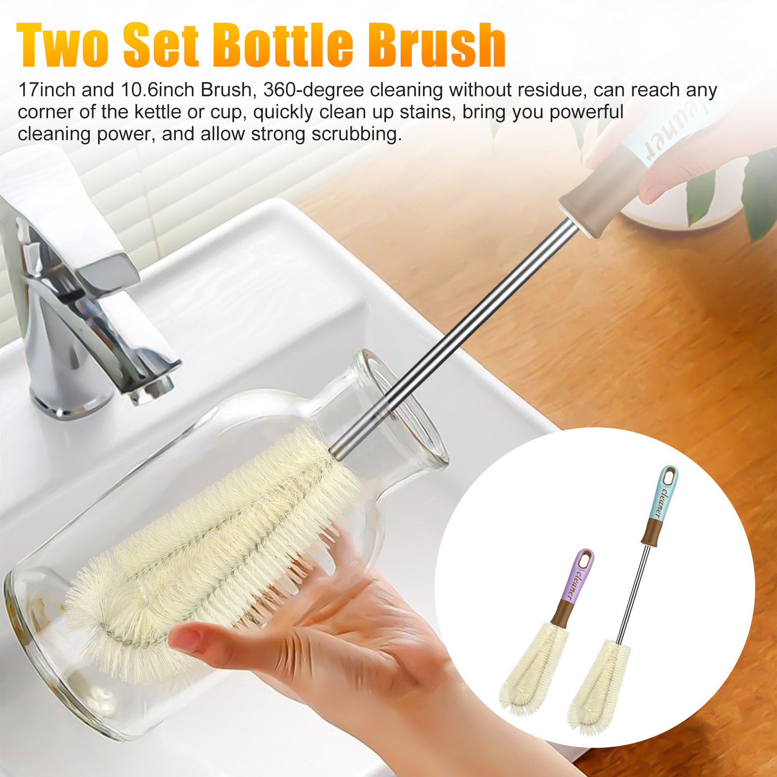 2pcs Water Bottle Brushes, TSV Bottle Brush Cleaner with Durable