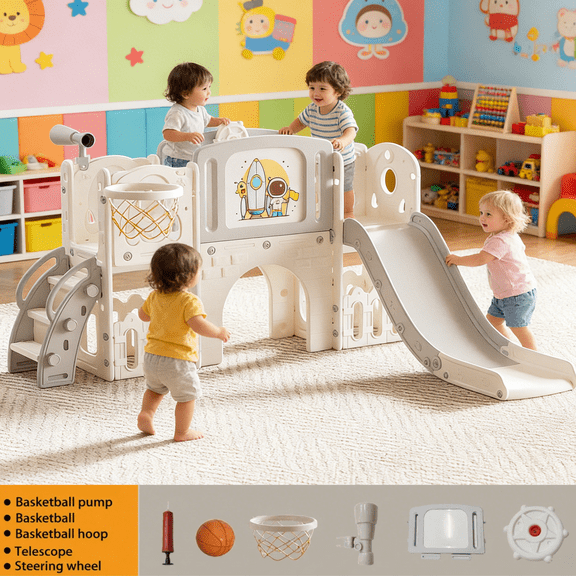 Baby Slide with Tunnel, Basketball Hoop, Drawing Board, and Storage Basket(gray-white)