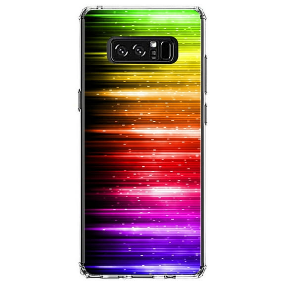 DistinctInk Clear Shockproof Hybrid Case for Samsung Galaxy Note 8 - TPU Bumper, Acrylic Back, Tempered Glass Screen Protector - Rainbow Light Glowing Lines