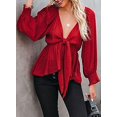 thumbnail image 2 of Bxhd Womens Long Sleeve Boho Shirts Deep V Neck Front Tie Knot Peplum Blouses Tops, 2 of 3