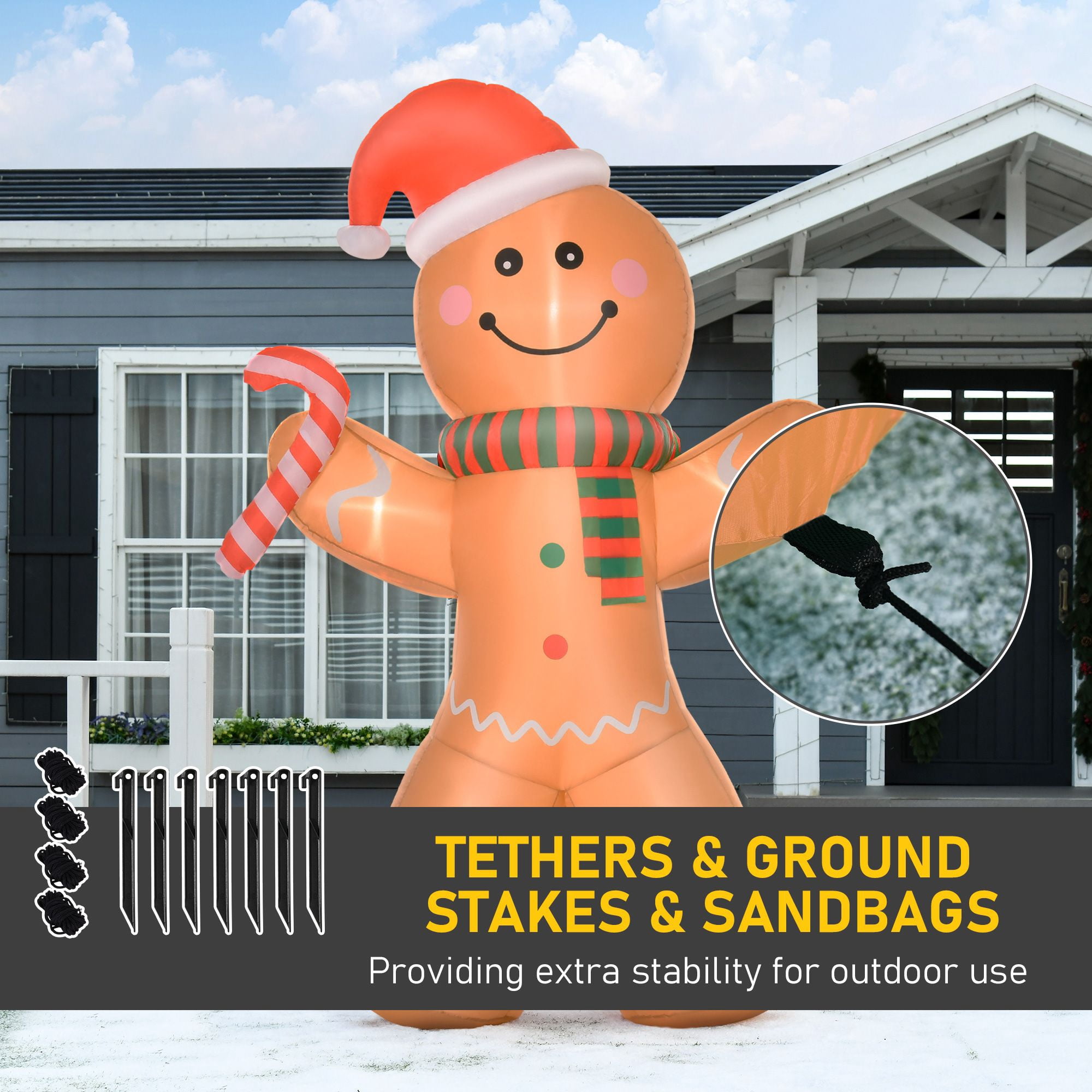 8 ft Christmas Inflatable Gingerbread Man with Candy Cane, LED Lighted Outdoor Yard Decoration, Weather-Resistant Polyester